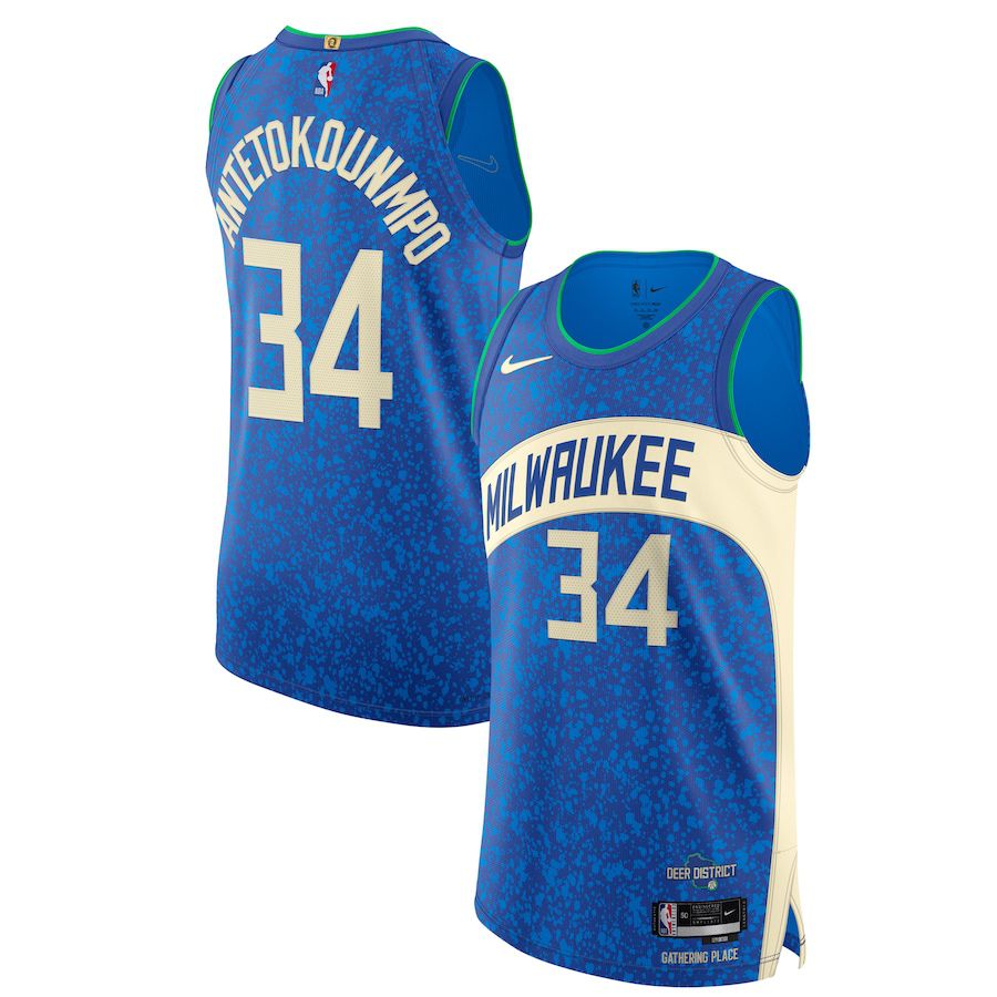 Men Milwaukee Bucks #34 Giannis Antetokounmpo Nike Blue City Edition 2023-24 Authentic NBA Jersey